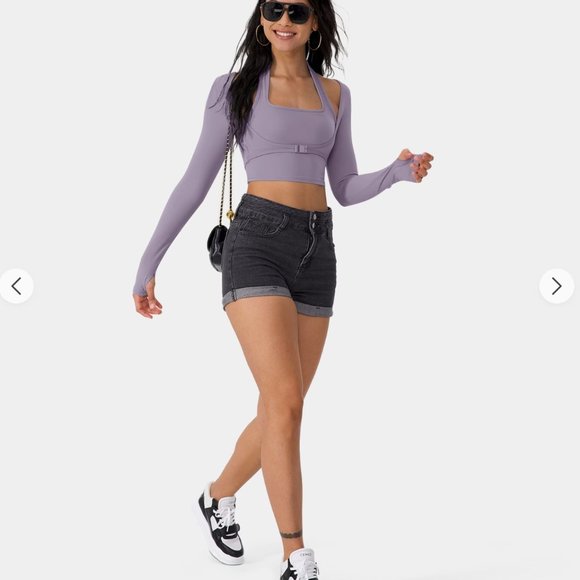 NWT: Cloudful™ Halter Thumb Hole Long Sleeve Cropped 2-in-1 Sports Top (#46) - Picture 7 of 8